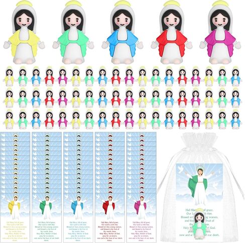 50 Set Little Virgin Mary Figurines Religious Tiny Virgin Mary Figurine Prayer Cards Organza Bags Rubber Mother Mary Doll Church Gift for Sunday School Baptism Activities Easter Party (Blue) in Saudi Arabia