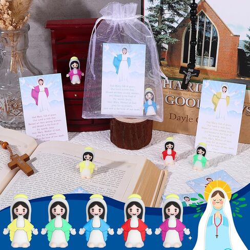 50 Set Little Virgin Mary Figurines Religious Tiny Virgin Mary Figurine Prayer Cards Organza Bags Rubber Mother Mary Doll Church Gift for Sunday School Baptism Activities Easter Party (Blue) in Saudi Arabia