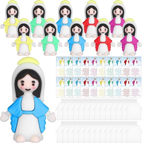 50 Set Little Virgin Mary Figurines Religious Tiny Virgin Mary Figurine Prayer Cards Organza Bags Rubber Mother Mary Doll Church Gift for Sunday School Baptism Activities Easter Party (Blue) in Saudi Arabia