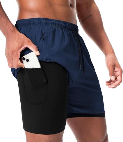 Suwangi Men's 2 in 1 Running Shorts with 3 Zip Pockets - 5" Quick Dry Workout Athletic Shorts for Gym Training in Saudi Arabia