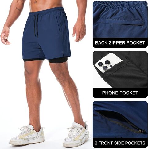 Suwangi Men's 2 in 1 Running Shorts with 3 Zip Pockets - 5" Quick Dry Workout Athletic Shorts for Gym Training in Saudi Arabia