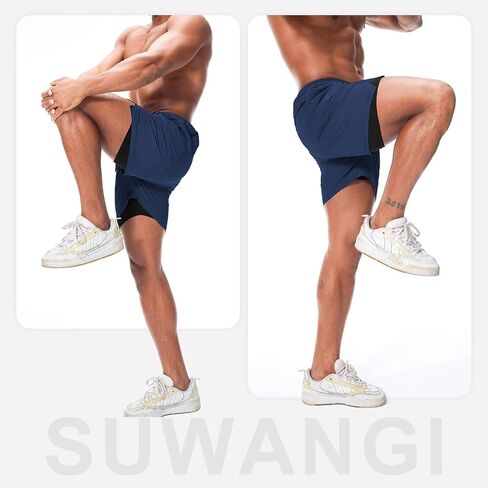 Suwangi Men's 2 in 1 Running Shorts with 3 Zip Pockets - 5" Quick Dry Workout Athletic Shorts for Gym Training in Saudi Arabia