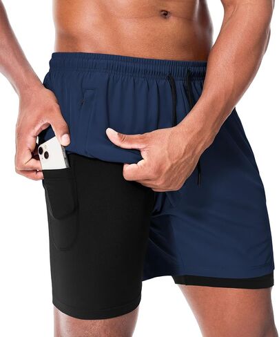 Suwangi Men's 2 in 1 Running Shorts with 3 Zip Pockets - 5" Quick Dry Workout Athletic Shorts for Gym Training in Saudi Arabia