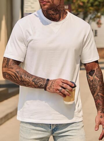 Men's Casual Tee Cotton Stretch Muscle Lightweight Crewneck Workout T-Shirt (S-XXL) in Kuwait