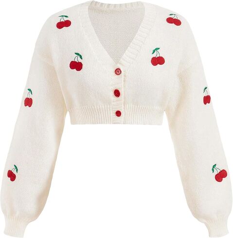 GORGLITTER Women's Cherry Button Up Cropped Cardigans Long Sleeve Open Front Lightweight Dressy Sweaters in Saudi Arabia