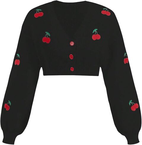 GORGLITTER Women's Cherry Button Up Cropped Cardigans Long Sleeve Open Front Lightweight Dressy Sweaters in Saudi Arabia
