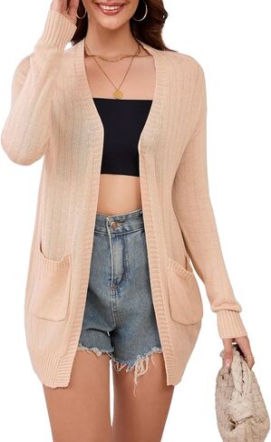Womens Open Front Lightweight Cardigans Oversized Two Pockets Long Sleeve Knit Sweaters in Saudi Arabia