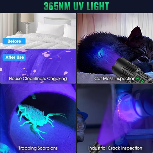 UV&High Lumens Flashlight Rechargeable, 2-in-1 Powerful Blacklight LED Flashlight Tactical 6 Modes Super Bright Waterproof Zoomable Detector for Pet Urine Curing Resin Camping Emergencies in Kuwait