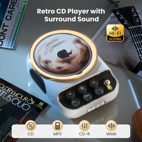 Retro Portable CD Players with Bluetooth Speakers, FM Radio, Night Light, LCD Display, 4000 mAh Battery, Vintage Radio Built in Dual Speakers Supports USB/AUX/Type-C for Home, Gifts (Wood) in Kuwait