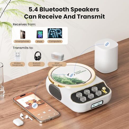Retro Portable CD Players with Bluetooth Speakers, FM Radio, Night Light, LCD Display, 4000 mAh Battery, Vintage Radio Built in Dual Speakers Supports USB/AUX/Type-C for Home, Gifts (Wood) in Kuwait
