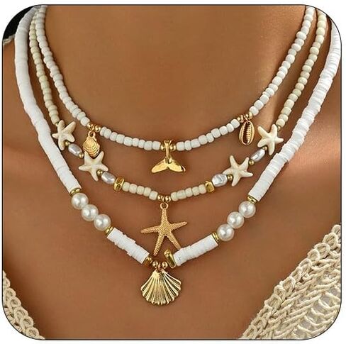 Shell Seashell Necklace for Women Adjustable Gold-Tone Boho Beach starfish Jewelry Layered Summer Charm in Saudi Arabia