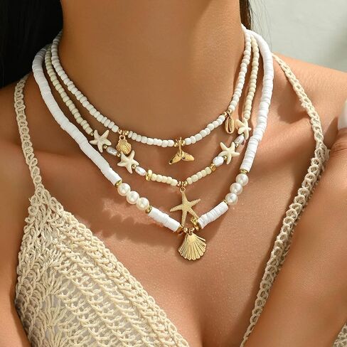Shell Seashell Necklace for Women Adjustable Gold-Tone Boho Beach starfish Jewelry Layered Summer Charm in Saudi Arabia