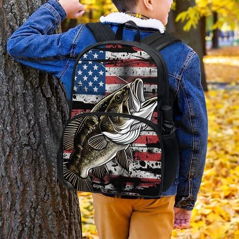 Bass Fish Us Flag Print Print's Kid Backpack 17 Inge Bare Book Back Bags Portable Captop Bag مع جيوب جانبية in Kuwait
