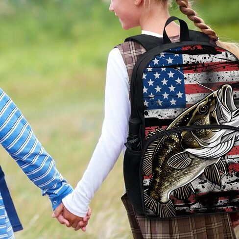 Bass Fish Us Flag Print Print's Kid Backpack 17 Inge Bare Book Back Bags Portable Captop Bag مع جيوب جانبية in Kuwait