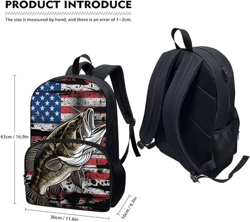 Bass Fish Us Flag Print Print's Kid Backpack 17 Inge Bare Book Back Bags Portable Captop Bag مع جيوب جانبية in Kuwait
