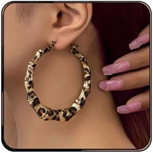 Leopard Print Earrings for Women Vintage Leopards Print Hoop Earrings 90s Large Bamboo Hoop Earrings Hypoallergenic Statement Hoop Earring Trendy Birthday Party Wedding Jewelry in Kuwait