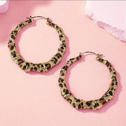 Leopard Print Earrings for Women Vintage Leopards Print Hoop Earrings 90s Large Bamboo Hoop Earrings Hypoallergenic Statement Hoop Earring Trendy Birthday Party Wedding Jewelry in Kuwait