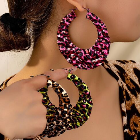 Leopard Print Earrings for Women Vintage Leopards Print Hoop Earrings 90s Large Bamboo Hoop Earrings Hypoallergenic Statement Hoop Earring Trendy Birthday Party Wedding Jewelry in Kuwait