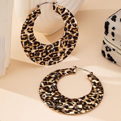 Leopard Print Earrings for Women Vintage Leopards Print Hoop Earrings 90s Large Bamboo Hoop Earrings Hypoallergenic Statement Hoop Earring Trendy Birthday Party Wedding Jewelry in Kuwait