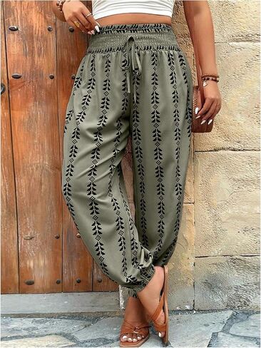Shenhe Women's Plus Size Print High Weist Boho Palazzo Hippie Lounge Pant in Saudi Arabia