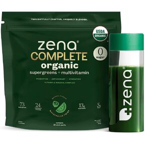 Zena Complete Organic Super Greens Powder & Multivitamin, 90+ Supergreens, Fruits, Veggies, Pre & Probiotics, Watermelon Citrus Flavor, 30 Packets + Water Bottle in Saudi Arabia