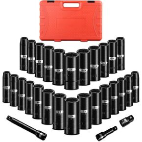 1/2 "محرك أقراص Deep Impact Socket ، 29 قطعة قياسية 6 نقاط SAE (3/8" - 1 ") والمقياس (10 مم - 24 مم) ، الصلب الفاناديوم Chrome ، مع قضبان تمديد التأثير ومحول المقبس in Kuwait
