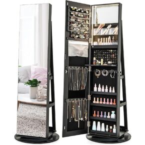 COSTWAY 360° Rotating Mirror Jewelry Armoire, Freestanding Jewelry Organizer w/ 3-Color LED Lights, Full-length Mirror w/Jewelry Storage, Lockable Jewelry Cabinet for Bedroom, Cloakroom (Walnut) in Saudi Arabia