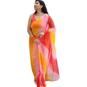 Women Shades of Haldi Patta Dye Embellished Cutdana Handwork Saree with Contrast Blouse 5.5 Mtr Saree, Saree With Blouse Piece For Wedding, Red-Yellow in Saudi Arabia