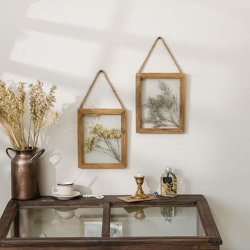 Nikky Home المجفف الزهور العشب الجدار مجموعة من العملات الفنية النباتية الطبيعية مع إطار عرض زجاجي واضحة وحبل جوت معرض جدار ديكور غرفة المعيشة ديكور in Saudi Arabia