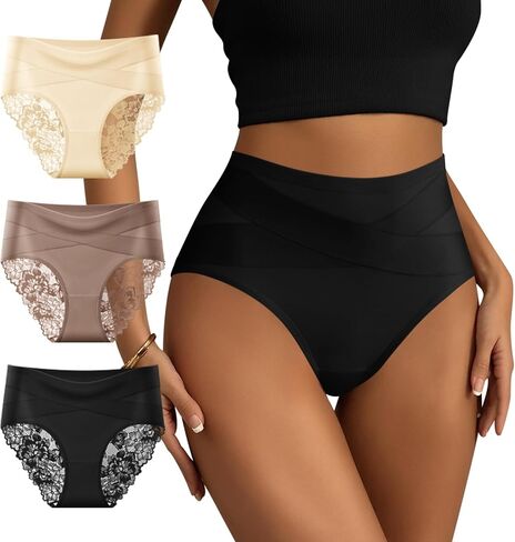 Tummy Control Underwear for Women High Waist Briefs Lace Openwork Panties Breathable Stretch Postpartum Shapewear in Kuwait