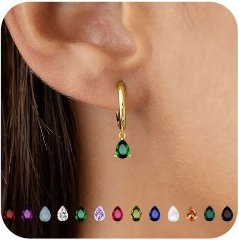 14K Gold Plated Birthstone Hoop Earrings for Women Hypoallergenic Dainty Small Diamond Emerald Green Blue Cubic Zirconia Drop Huggie Earrings for Mom Women Jewelry Birthday Gifts in Kuwait