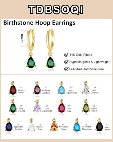 14K Gold Plated Birthstone Hoop Earrings for Women Hypoallergenic Dainty Small Diamond Emerald Green Blue Cubic Zirconia Drop Huggie Earrings for Mom Women Jewelry Birthday Gifts in Kuwait