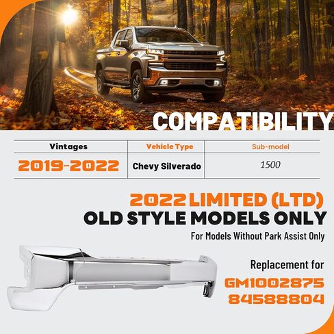 Kuafu Pront Pumper Pace Bar متوافق مع 2019-2022 Chevy Silverado 1500 غلاف المصد الأمامي مع ثقوب مستشعر مساعدة Park Park Preship for GM1002874 ، 84588809 الصلب كروم 3pcs in Kuwait