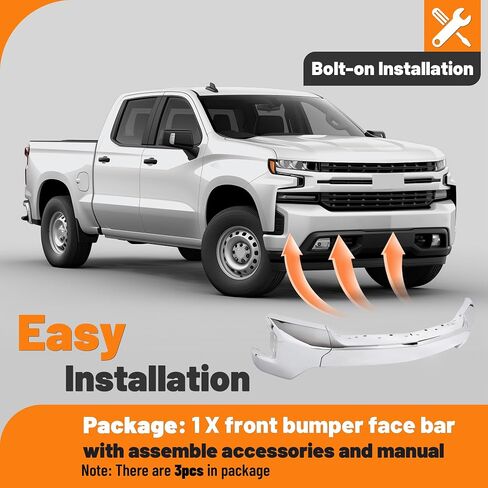 Kuafu Pront Pumper Pace Bar متوافق مع 2019-2022 Chevy Silverado 1500 غلاف المصد الأمامي مع ثقوب مستشعر مساعدة Park Park Preship for GM1002874 ، 84588809 الصلب كروم 3pcs in Kuwait