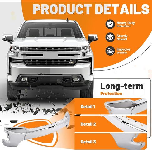 Kuafu Pront Pumper Pace Bar متوافق مع 2019-2022 Chevy Silverado 1500 غلاف المصد الأمامي مع ثقوب مستشعر مساعدة Park Park Preship for GM1002874 ، 84588809 الصلب كروم 3pcs in Kuwait