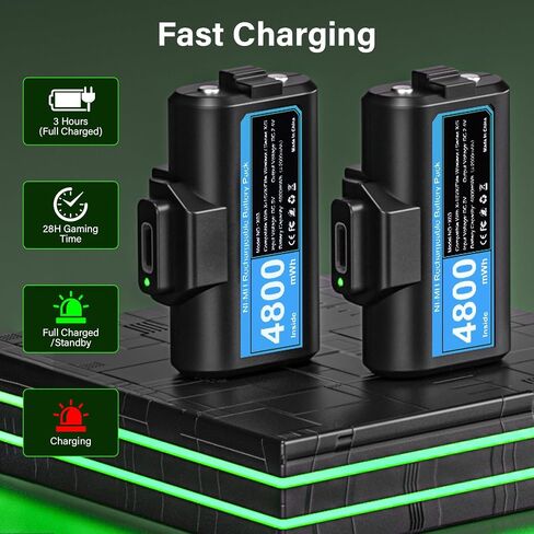 Rechargeable Controller Battery Pack for Xbox, 2x4800mWh Xbox Controller Battery Pack for Xbox Series S|X/Xbox One S/One X/One Elite, Upgraded Fast Charging Xbox Accessories with 4 Cover, Type-C Cable in Kuwait