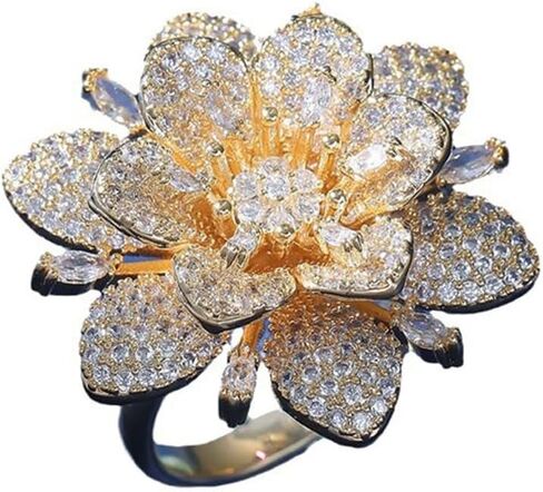 Double Layered Rhinestone Flower Ring for Women Cubic Zirconia Geometry Sunflower Wrap Finger Band Adjustable Open Bands Rings Engagement Jewelry in Saudi Arabia