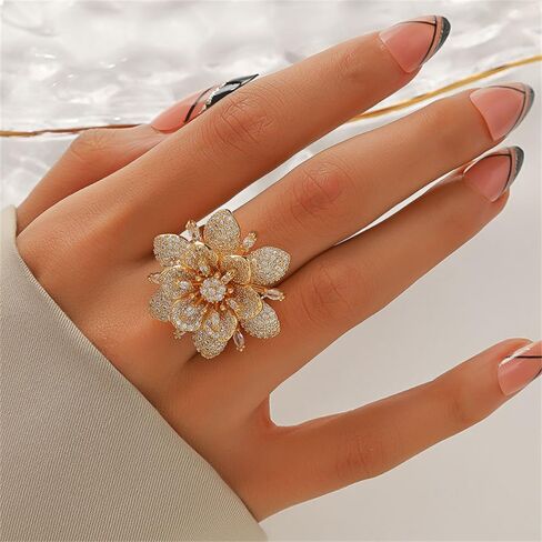 Double Layered Rhinestone Flower Ring for Women Cubic Zirconia Geometry Sunflower Wrap Finger Band Adjustable Open Bands Rings Engagement Jewelry in Saudi Arabia