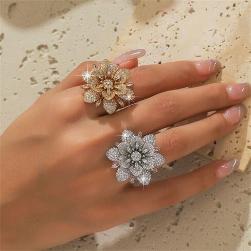 Double Layered Rhinestone Flower Ring for Women Cubic Zirconia Geometry Sunflower Wrap Finger Band Adjustable Open Bands Rings Engagement Jewelry in Saudi Arabia