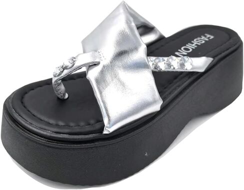 Women'S Rhinestone Chunky Platform Clip-Toe Beach Slippers Fashionable Round Toe Soft Bottom Non-Slip One-Step Outdoor Party Dating Sandals in Saudi Arabia