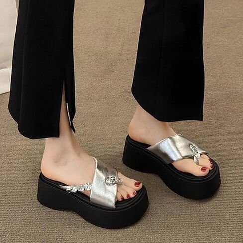 Women'S Rhinestone Chunky Platform Clip-Toe Beach Slippers Fashionable Round Toe Soft Bottom Non-Slip One-Step Outdoor Party Dating Sandals in Saudi Arabia