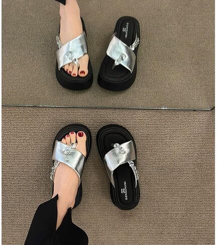 Women'S Rhinestone Chunky Platform Clip-Toe Beach Slippers Fashionable Round Toe Soft Bottom Non-Slip One-Step Outdoor Party Dating Sandals in Saudi Arabia
