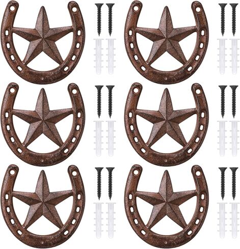 Blulu 6 Pcs Cast Iron Horseshoe with Star Wall Decor Vintage Metal Older Cast Iron Wall Art for Good Lucky Durable Medium Horseshoe for Indoor or Outdoor in Saudi Arabia