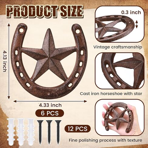 Blulu 6 Pcs Cast Iron Horseshoe with Star Wall Decor Vintage Metal Older Cast Iron Wall Art for Good Lucky Durable Medium Horseshoe for Indoor or Outdoor in Saudi Arabia