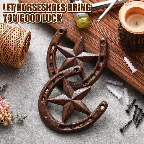 Blulu 6 Pcs Cast Iron Horseshoe with Star Wall Decor Vintage Metal Older Cast Iron Wall Art for Good Lucky Durable Medium Horseshoe for Indoor or Outdoor in Saudi Arabia