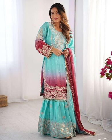 Women's Chinon Silk Sequence With Rivet Moti Work Straight Kurta With Sharara and Dupatta Set in Saudi Arabia