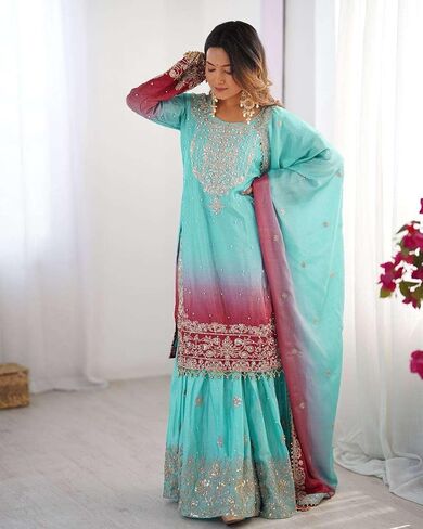 Women's Chinon Silk Sequence With Rivet Moti Work Straight Kurta With Sharara and Dupatta Set in Saudi Arabia
