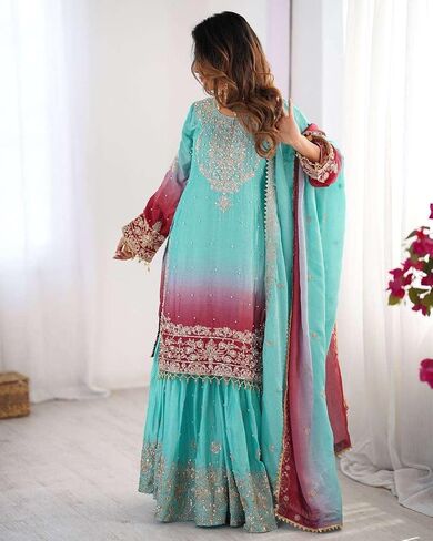 Women's Chinon Silk Sequence With Rivet Moti Work Straight Kurta With Sharara and Dupatta Set in Saudi Arabia