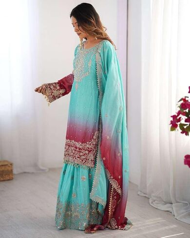 Women's Chinon Silk Sequence With Rivet Moti Work Straight Kurta With Sharara and Dupatta Set in Saudi Arabia