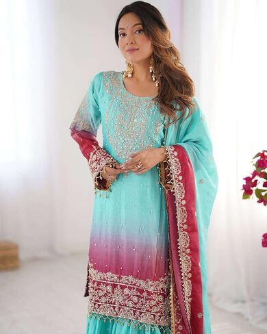 Women's Chinon Silk Sequence With Rivet Moti Work Straight Kurta With Sharara and Dupatta Set in Saudi Arabia